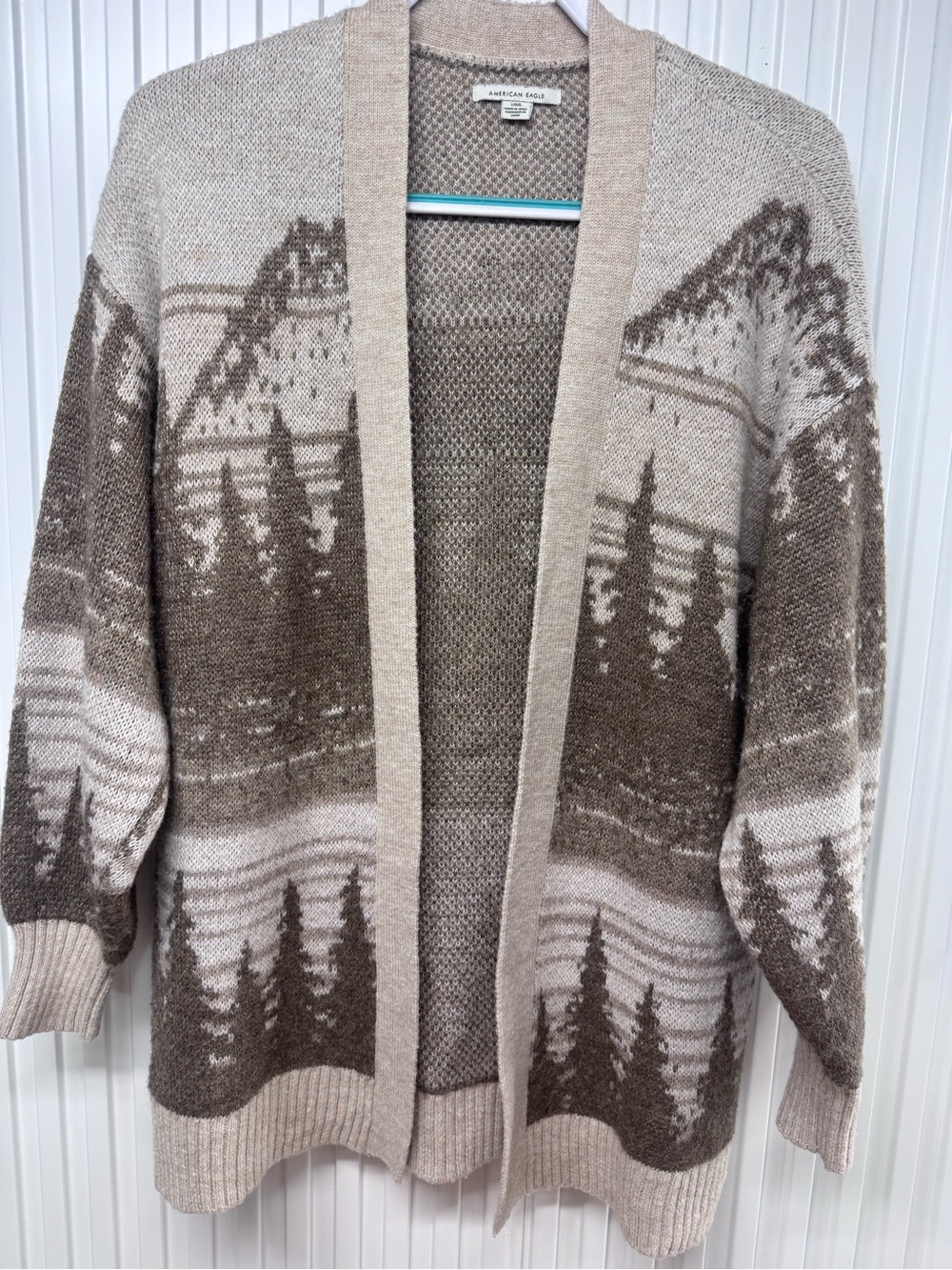 American Eagle Outfitters Beige Mountain-Scape Open Cardigan Sweater size L